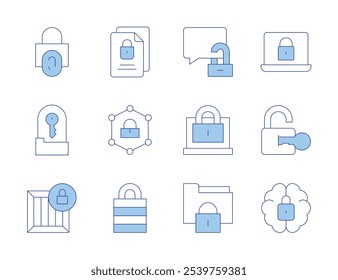 Symbole sperren. Linienduotonstil, bearbeitbarer Strich. lock, Laptop, Smart Lock, Vorhängeschloss, Ordner, Zugriff, Datei.