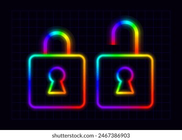 Lock icons, neon rainbow visuals, gradient mesh graphics, glowing colorful aesthetic.