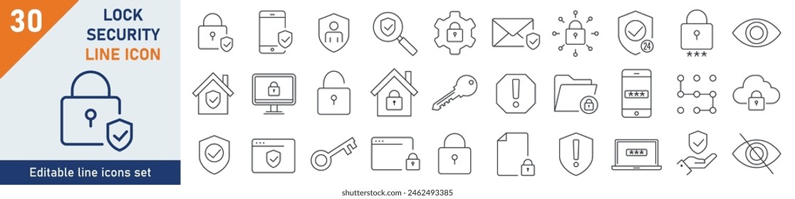 Lock icons Pixel perfect. Set of 30 outline icons related to lock, home, message, key. Linear icon collection. Editable stroke. Vector illustration.