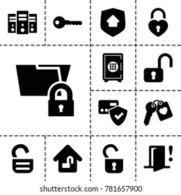 Lock icons. set of 13 editable filled lock icons such as key, card protection, heart key, server, folder protection, home security, door warning