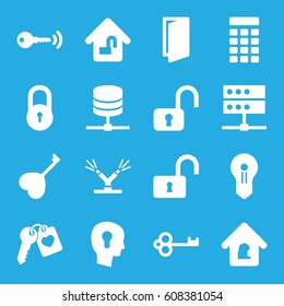 Lock icons set. set of 16 lock filled icons such as door, heart key, watering system, intercom, keyhole in head, key, keyhole