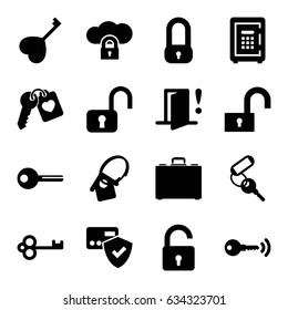 Lock icons set. set of 16 lock filled icons such as key, safe, heart key, case, home key tag, door warning, card protection