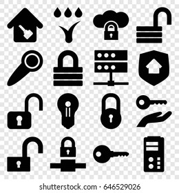 Lock icons set. set of 16 lock filled icons such as home key, watering system, home security, door knob, keyhole, key on hand, key, server