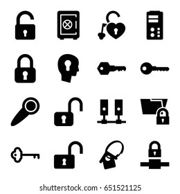Lock icons set. set of 16 lock filled icons such as safe, key, home key tag, door knob, keyhole in head, server