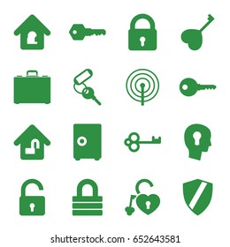 Lock icons set. set of 16 lock filled icons such as key, heart key, case, keyhole in head, safe