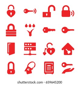 Lock icons set. set of 16 lock filled icons such as door, safe, home key, key, watering system