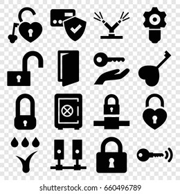 Lock icons set. set of 16 lock filled icons such as door, safe, heart key, watering system, key, key on hand, gear keyhole, card protection