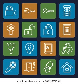 lock icons set. Set of 16 lock outline icons such as Safe, key, safe, home key tag, watering system, door warning, intercom, door knob, keyhole in head
