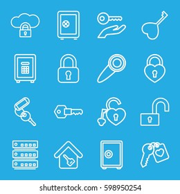 lock icons set. Set of 16 lock outline icons such as Safe, key, safe, heart key, door knob, cloud protection