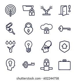 lock icons set. Set of 16 lock outline icons such as key, case, home key tag, watering system, home security, door warning, keyhole in head, cloud protection
