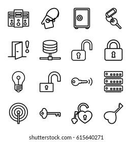 Lock icons set. set of 16 lock outline icons such as key, heart key, home key tag, door warning, safe, server