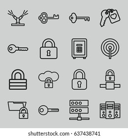 Lock icons set. set of 16 lock outline icons such as key, lock, safe, heart key, watering system, server, cloud protection