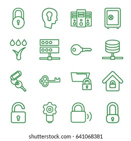 Lock icons set. set of 16 lock outline icons such as safe, key, watering system, keyhole in head, gear keyhole, server