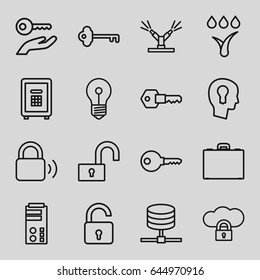 Lock icons set. set of 16 lock outline icons such as safe, case, key, watering system, keyhole in head, key on hand, server, cloud protection