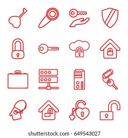 Lock icons set. set of 16 lock outline icons such as key, heart key, case, door knob, shield, server