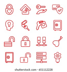 Lock icons set. set of 16 lock outline icons such as safe, key, heart key, keyhole in head, card protection, key on hand, gear keyhole, safe