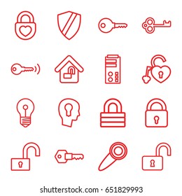 Lock icons set. set of 16 lock outline icons such as key, door knob, keyhole in head, shield, server