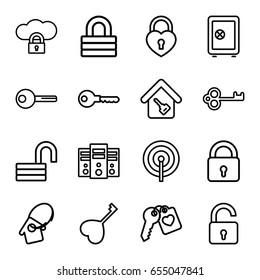 Lock icons set. set of 16 lock outline icons such as safe, key, heart key, cloud protection
