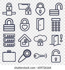Lock icons set. set of 16 lock outline icons such as door, case, door warning, intercom, door knob, key, cloud protection, server