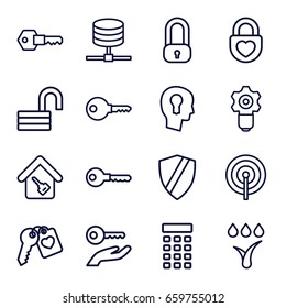 Lock icons set. set of 16 lock outline icons such as key, heart key, home key, watering system, intercom, keyhole in head, shield