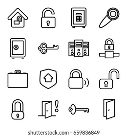 Lock icons set. set of 16 lock outline icons such as door, safe, safe, case, home security, door warning, door knob, key