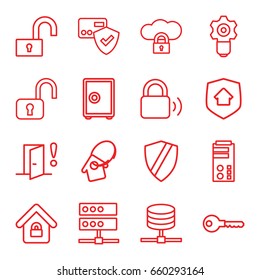 Lock icons set. set of 16 lock outline icons such as key, home key tag, home security, door warning, card protection, gear keyhole, safe, shield, server