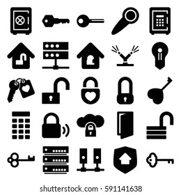 lock icons set. Set of 25 lock filled icons such as door, Safe, safe, heart key, key, watering system, home security, intercom, door knob, keyhole, server
