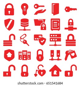 Lock icons set. set of 25 lock filled icons such as door, key, safe, heart key, home security, keyhole, key on hand, card protection, shield, server