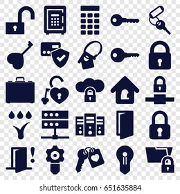 Lock icons set. set of 25 lock filled icons such as door, key, safe, heart key, case, home key tag, watering system, door warning, intercom, keyhole, gear keyhole