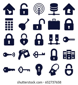 Lock icons set. set of 25 lock filled icons such as heart key, case, home key, key, intercom