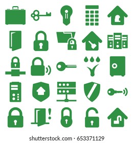 Lock icons set. set of 25 lock filled icons such as door, case, home key, key, watering system, door warning, intercom, keyhole, safe, shield, server