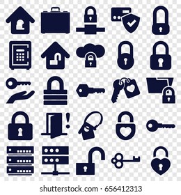 Lock icons set. set of 25 lock filled icons such as key, safe, heart key, case, door warning, card protection, server, cloud protection