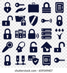 Lock icons set. set of 25 lock filled icons such as safe, safe, case, home key, key, watering system, door knob, card protection, shield, server