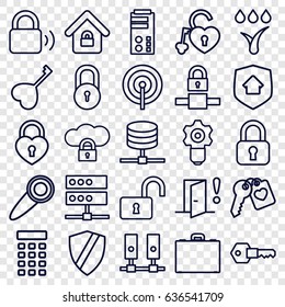 Lock icons set. set of 25 lock outline icons such as heart key, case, key, watering system, home security, door warning, intercom, door knob, gear keyhole, shield, server
