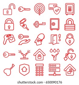 Lock icons set. set of 25 lock outline icons such as key, safe, heart key, watering system, door warning, intercom, card protection