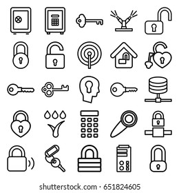 Lock icons set. set of 25 lock outline icons such as safe, key, safe, watering system, intercom, door knob, keyhole in head