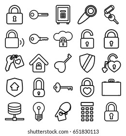 Lock icons set. set of 25 lock outline icons such as key, safe, heart key, case, home key tag, home security, intercom, door knob, shield, server, cloud protection