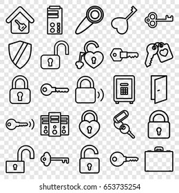 Lock icons set. set of 25 lock outline icons such as door, key, safe, heart key, case, home key, door knob, shield