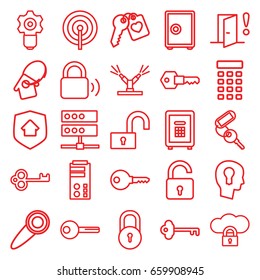 Lock icons set. set of 25 lock outline icons such as key, safe, heart key, home key tag, watering system, home security, door warning, intercom, door knob, keyhole in head