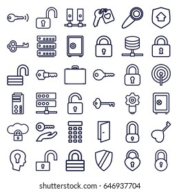 Lock icons set. set of 36 lock outline icons such as door, safe, heart key, case, key, home security, intercom, door knob, keyhole in head, key on hand, gear keyhole, safe
