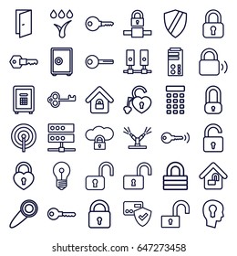 Lock icons set. set of 36 lock outline icons such as door, key, safe, watering system, intercom, door knob, keyhole in head, card protection, shield, server, cloud protection