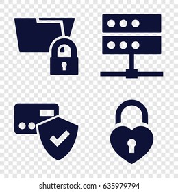 Lock icons set. set of 4 lock filled icons such as heart lock, card protection, server