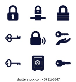 lock icons set. Set of 9 lock filled icons such as Safe, lock, key