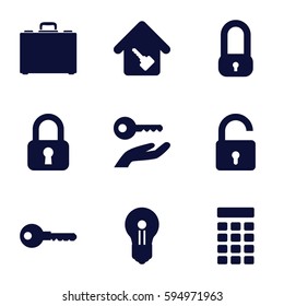 lock icons set. Set of 9 lock filled icons such as key, case, home key, intercom, keyhole