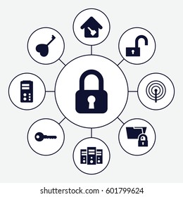 lock icons set. Set of 9 lock filled icons such as key, heart key, home key, lock, server