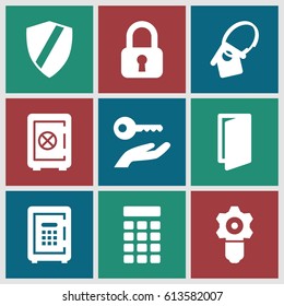 Lock icons set. set of 9 lock filled icons such as door, Safe, safe, home key tag, intercom, key on hand, gear keyhole, lock