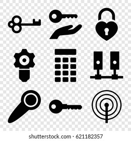 Lock icons set. set of 9 lock filled icons such as key, intercom, door knob, key on hand, gear keyhole
