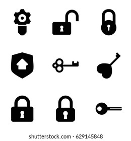 Lock icons set. set of 9 lock filled icons such as heart key, key, home security