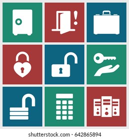 Lock icons set. set of 9 lock filled icons such as case, door warning, intercom, key on hand, safe