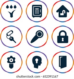 Lock icons set. set of 9 lock filled icons such as door, key, safe, watering system, door knob, keyhole in head